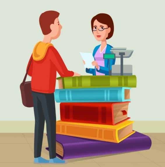 a person standing next to a cashier behind a stack of books