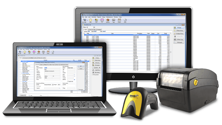 a computer monitor and laptop with a barcode scanner