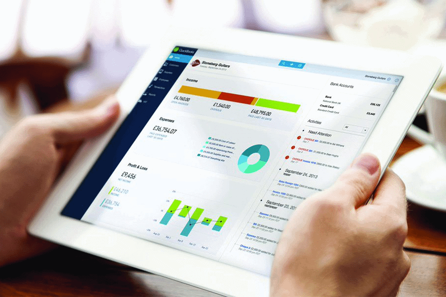 hands holding a tablet with a screen showing graphs and charts