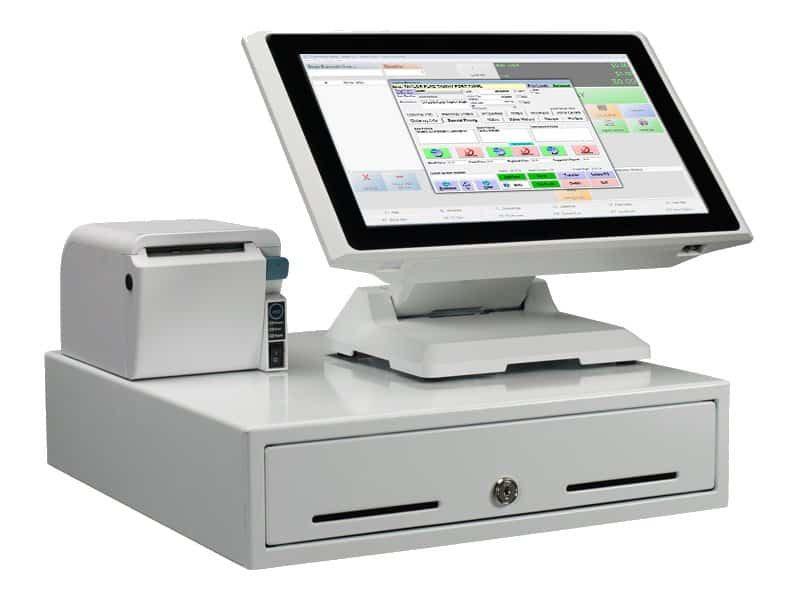 a white cash register with a monitor 